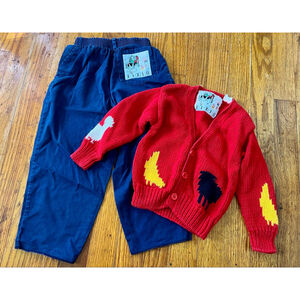 Vintage 3T E-I-E-I-O Red Farm Animal Knit Sweater and Blue Pant Set Outfit
